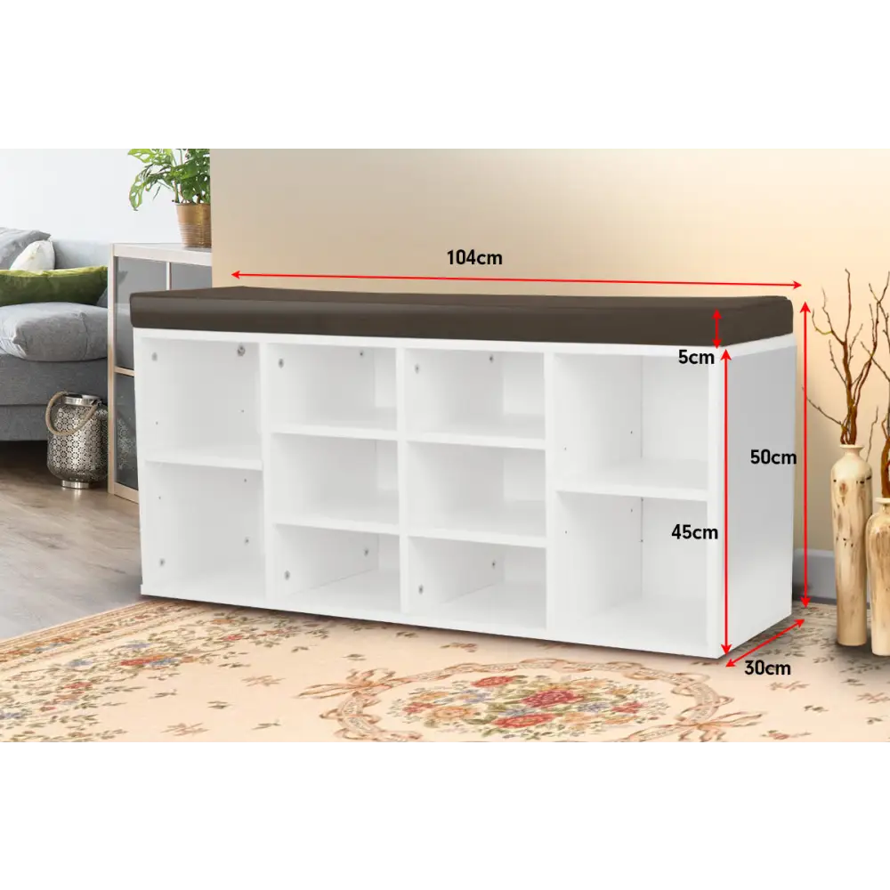 Sarantino Shoe Rack Cabinet Organiser Brown Cushion Bench Stool - 104 X 30 X 45 - White - Furniture > Living Room