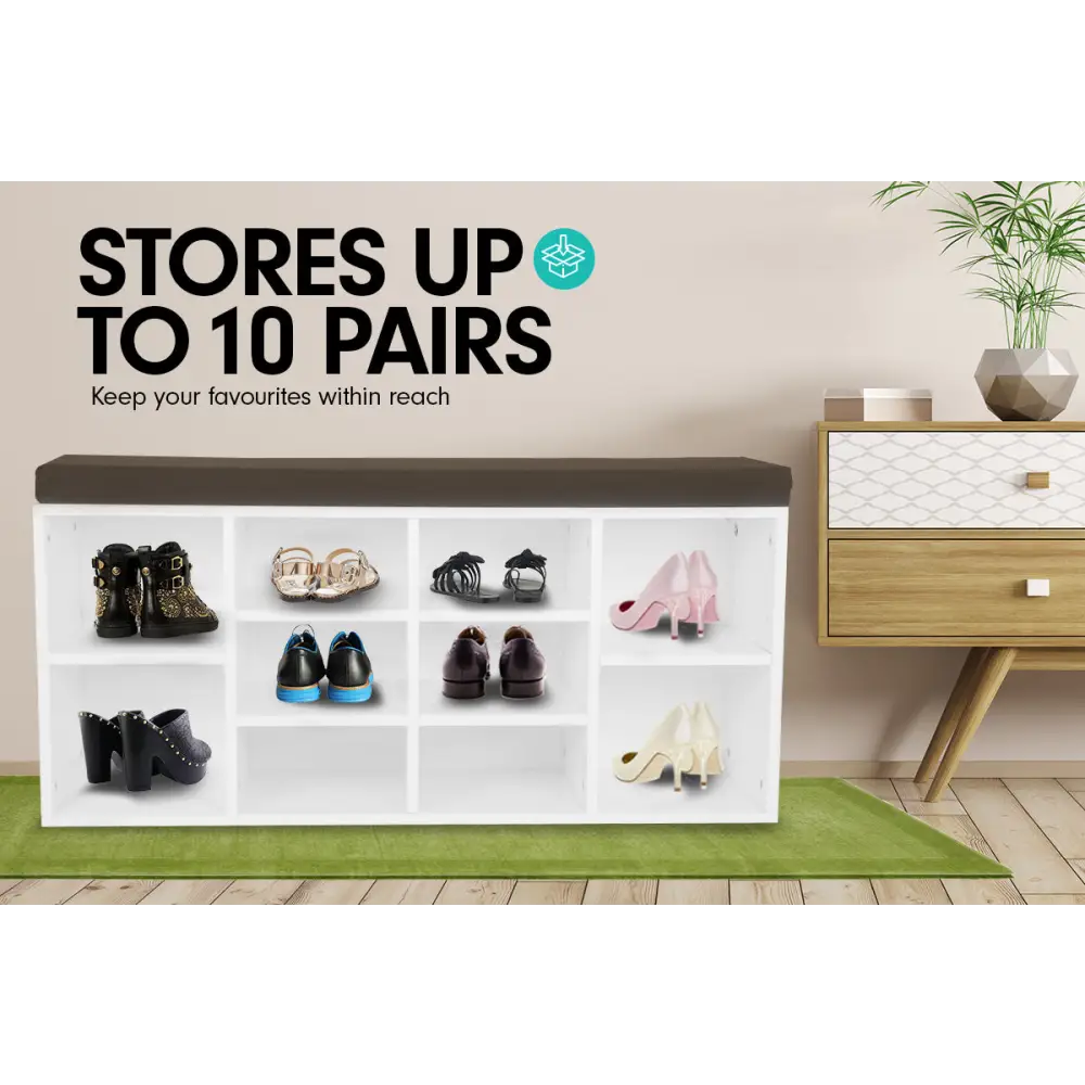 Sarantino Shoe Rack Cabinet Organiser Brown Cushion Bench Stool - 104 X 30 X 45 - White - Furniture > Living Room