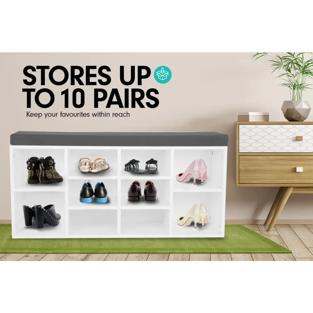 Sarantino Shoe Rack Cabinet Organiser Grey Cushion Sttol Bench Ottoman - 104 X 30 X 45 - White - Furniture > Living Room