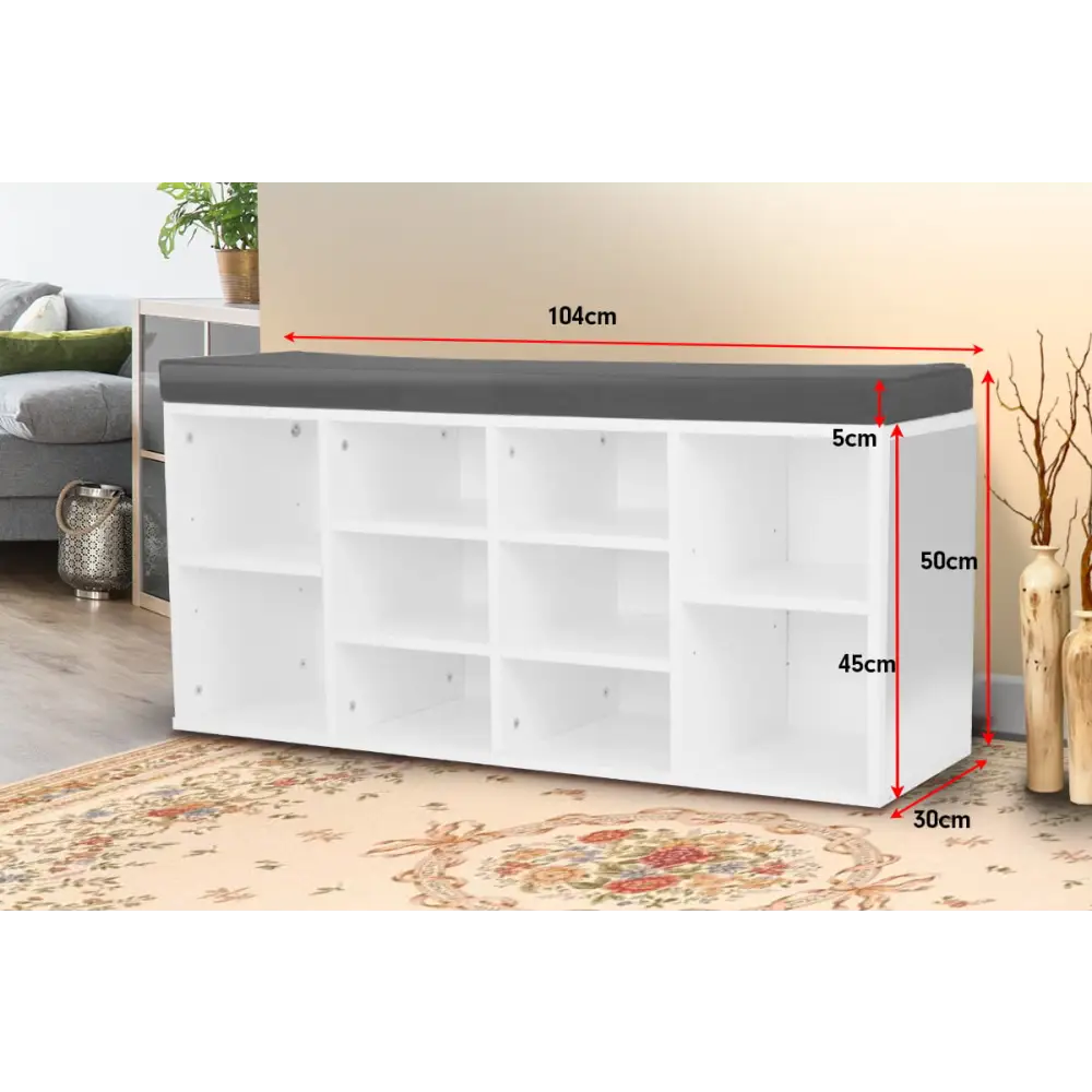 Sarantino Shoe Rack Cabinet Organiser Grey Cushion Sttol Bench Ottoman - 104 X 30 X 45 - White - Furniture > Living Room