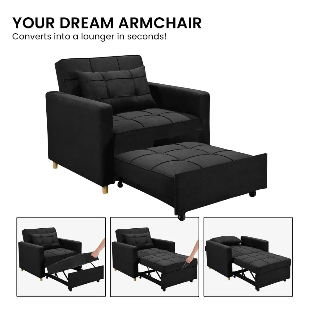 Sarantino Suri 3-in-1 Convertible Lounge Chair Bed - Black - Furniture > Sofas