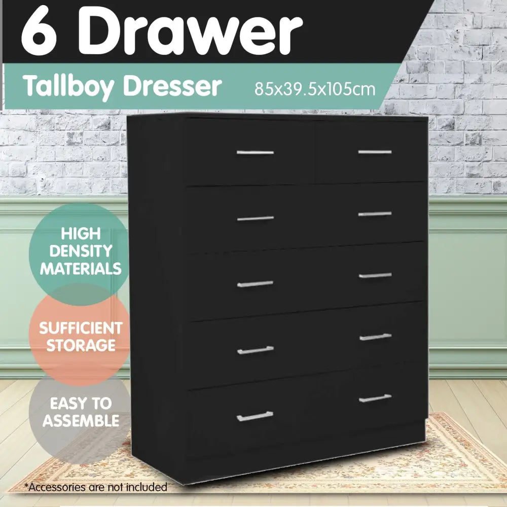 Sarantino Tallboy Dresser 6 Chest Of Drawers Table Bedroom Storage Black - Furniture > Living Room