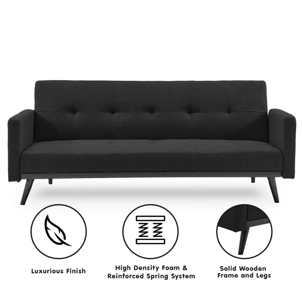 Sarantino Tufted Faux Linen 3-Seater Sofa Bed with Armrests - Black - Furniture > Sofas