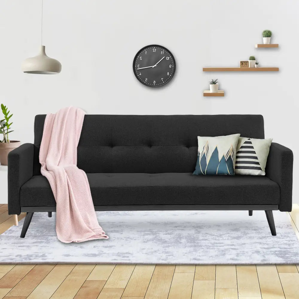Sarantino Tufted Faux Linen 3-Seater Sofa Bed with Armrests - Black - Furniture > Sofas