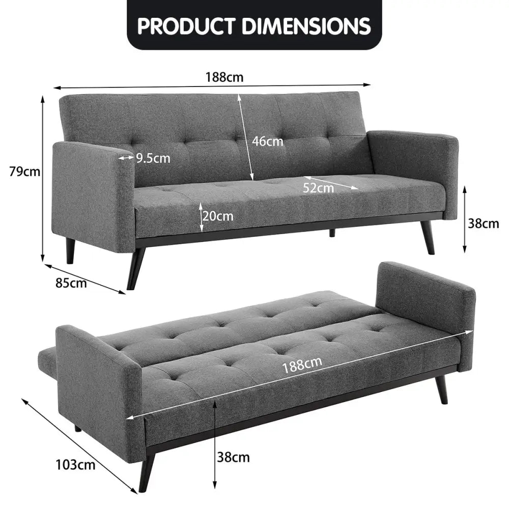Sarantino Tufted Faux Linen 3-Seater Sofa Bed with Armrests - Light Grey - Furniture > Sofas