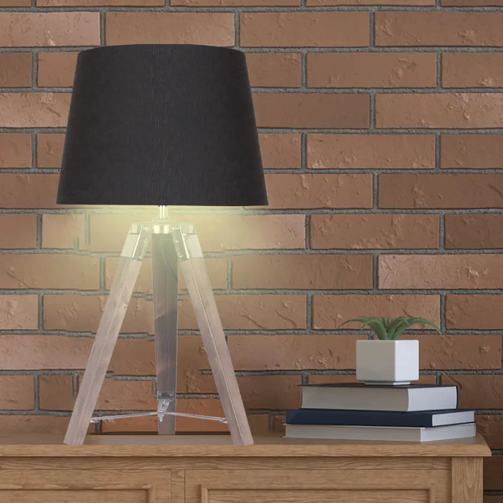 Sarantino Wooden Tripod Table Lamp With Black Taper Fabric Shade - Home & Garden > Lighting
