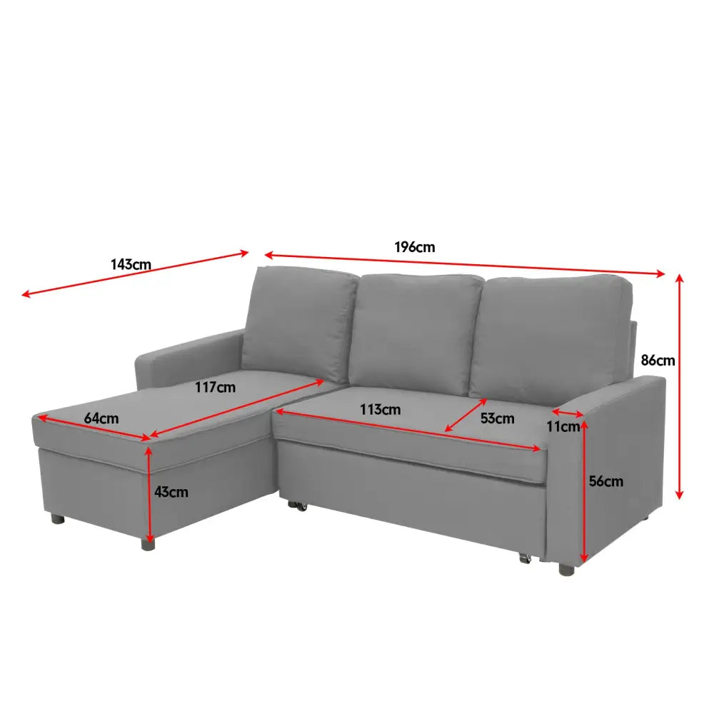 Sarantino3-seater Corner Sofa Bed With Storage Lounge Chaise Couch - Light Grey - Furniture > Sofas