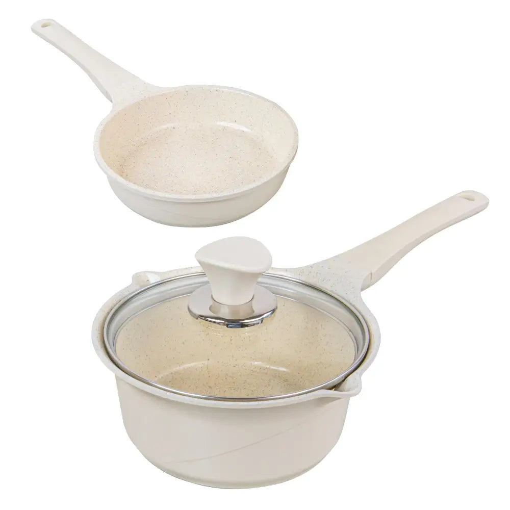 Sauce Pot Frying Pan w/ a Lid Set Non-Stick Stone Induction IH Frypan 16cm IVORY - Home & Garden > Kitchenware
