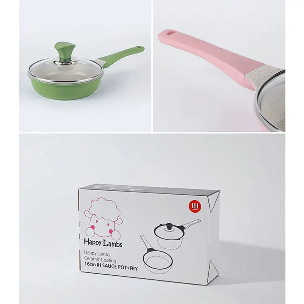 Sauce Pot Frying Pan w/ a Lid Set Non-Stick Stone Induction IH Frypan 16cm OLIVE - Home & Garden > Kitchenware
