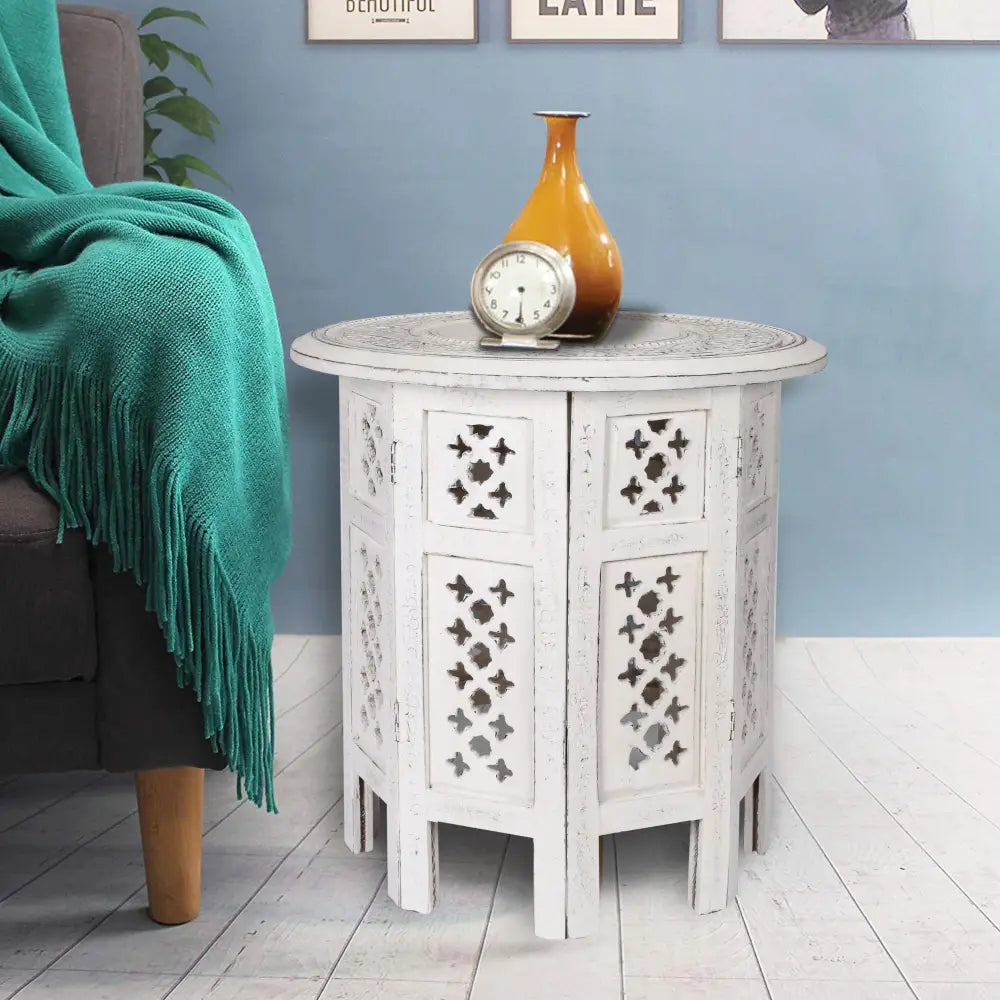 Scilla Rubber Wood Timber Round 45cm Side Table - White - Furniture > Bedroom