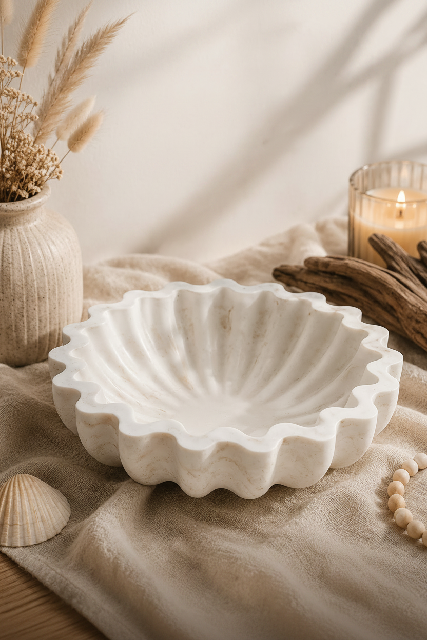 A scalloped white ceramic bowl with a ribbed, shell-like edge, styled on a beige linen cloth with dried grass in a vase, driftwood, and a lit candle in the background.