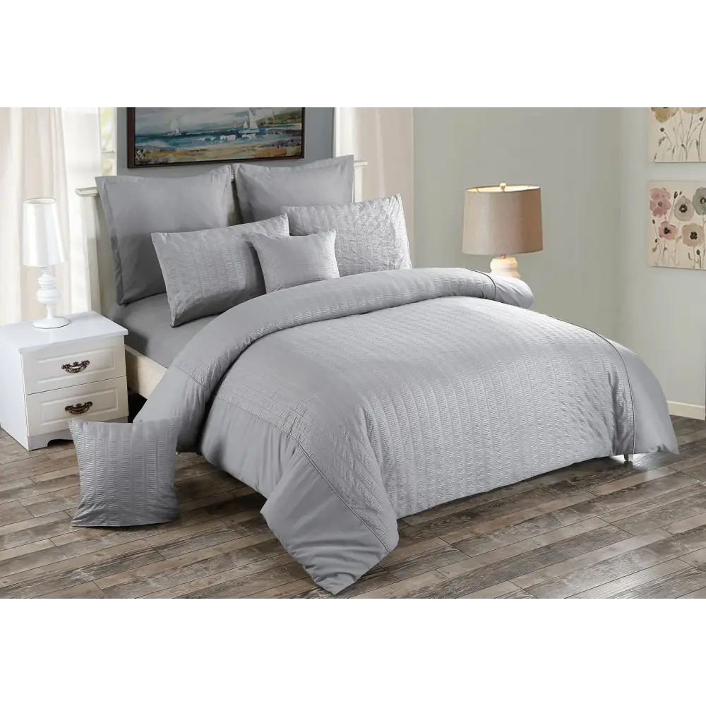 Seersucker Double Size Grey Duvet Quilt Cover Set - Home & Garden > Bedding > Duvet Covers
