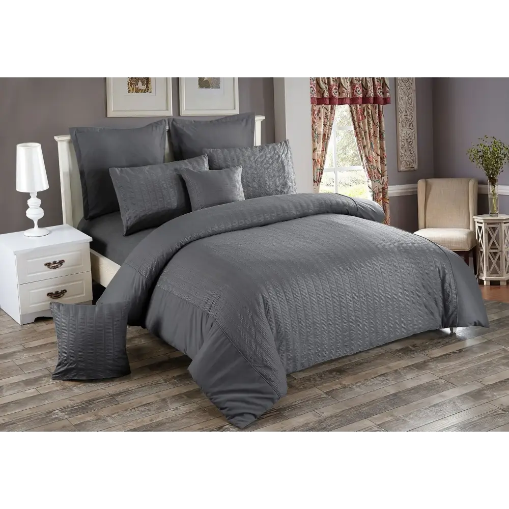 Seersucker Super King Size Charcoal Duvet Quilt Cover Set - Home & Garden > Bedding > Duvet Covers