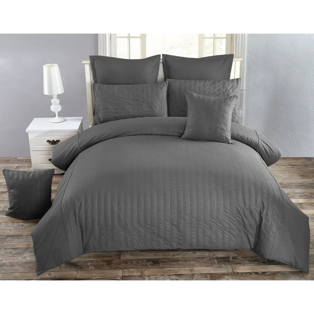 Seersucker Super King Size Charcoal Duvet Quilt Cover Set - Home & Garden > Bedding > Duvet Covers