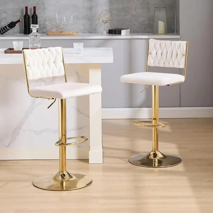 SERENITà 2x Velvet Bar Stools with Braided Back Elegant Kitchen High Chairs Kitchen Island Stools Adjustable Height