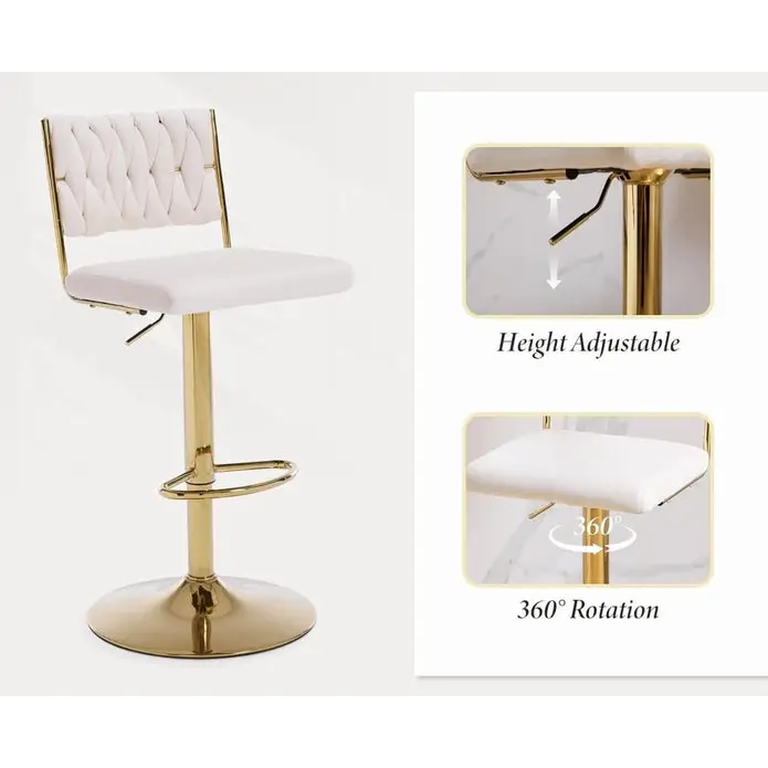 SERENITà 2x Velvet Bar Stools with Braided Back Elegant Kitchen High Chairs Kitchen Island Stools Adjustable Height
