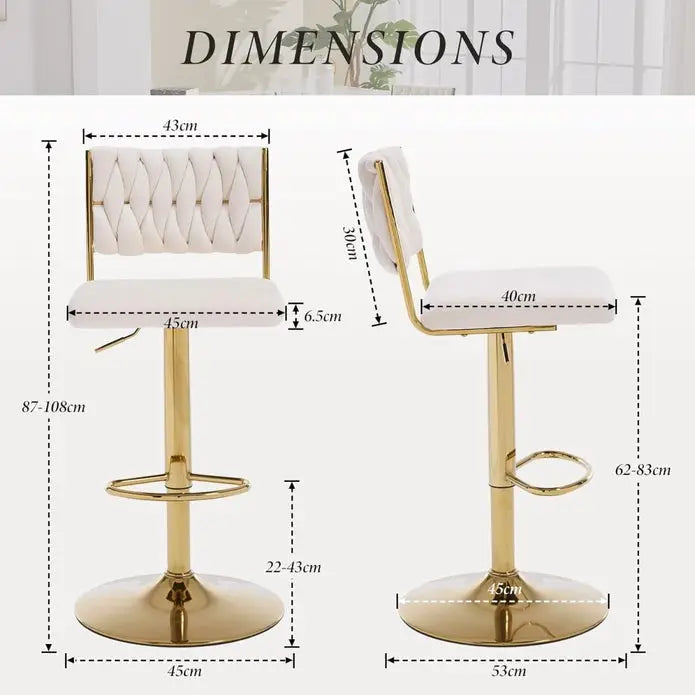 SERENITà 2x Velvet Bar Stools with Braided Back Elegant Kitchen High Chairs Kitchen Island Stools Adjustable Height