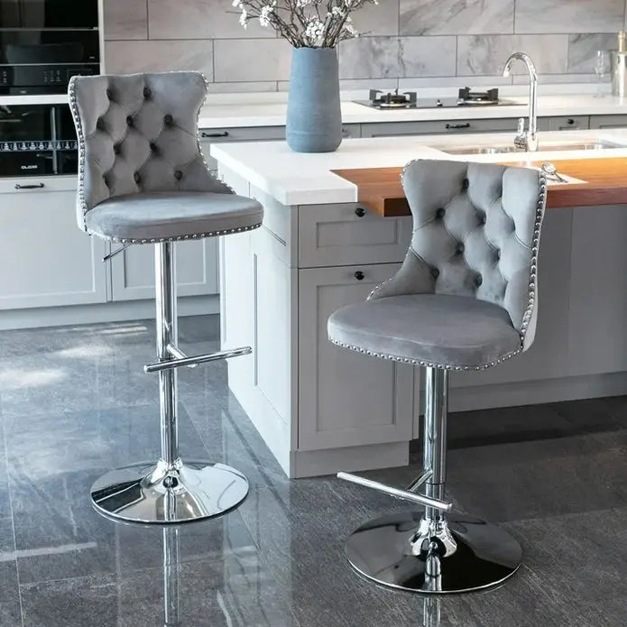 SERENITà Gray Velvet Bar Stools Adjustable Swivel Counter Height Chairs with Tufted Back and Nailhead Trim for Kitchen