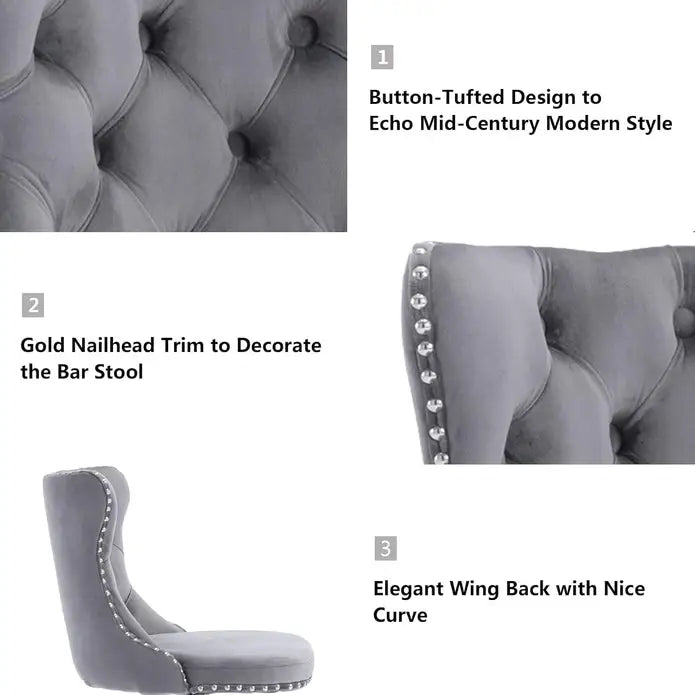 SERENITà Gray Velvet Bar Stools Adjustable Swivel Counter Height Chairs with Tufted Back and Nailhead Trim for Kitchen