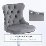 SERENITà Gray Velvet Bar Stools Adjustable Swivel Counter Height Chairs with Tufted Back and Nailhead Trim for Kitchen