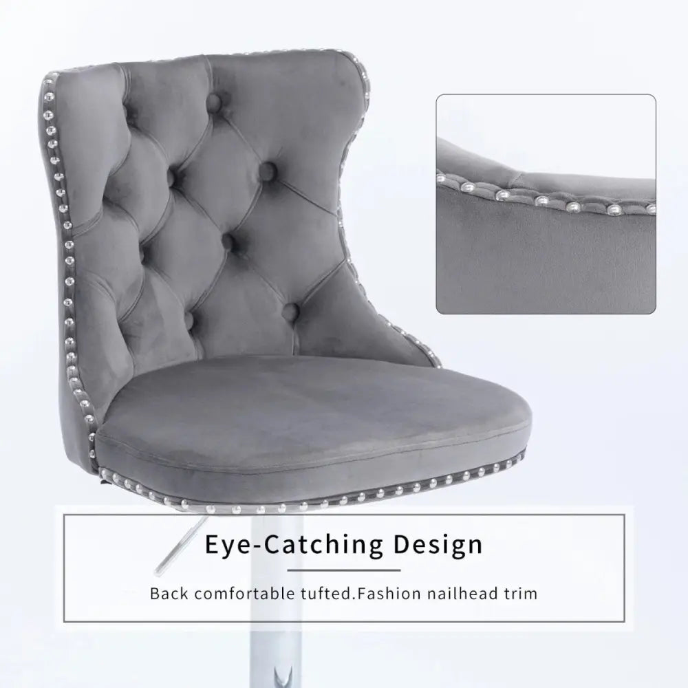 SERENITà Gray Velvet Bar Stools Adjustable Swivel Counter Height Chairs with Tufted Back and Nailhead Trim for Kitchen