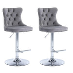 SERENITà Gray Velvet Bar Stools Adjustable Swivel Counter Height Chairs with Tufted Back and Nailhead Trim for Kitchen