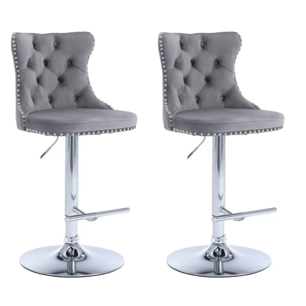 SERENITà Gray Velvet Bar Stools Adjustable Swivel Counter Height Chairs with Tufted Back and Nailhead Trim for Kitchen