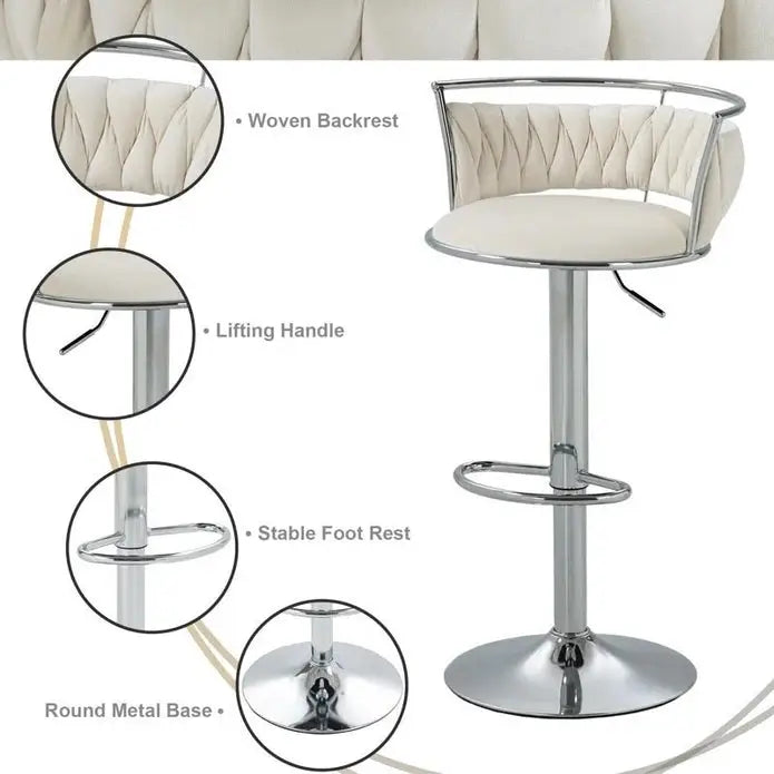 SERENITà Silver Swivel Upholstered Velvet Adjustable Height Counter Stool with Metal Frame White (Set of 2) - Furniture