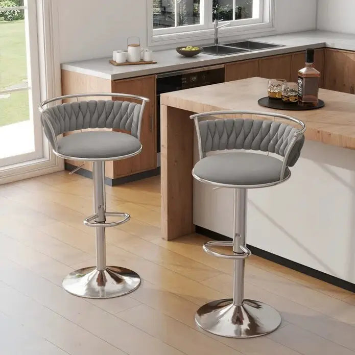 SERENITà Silver Swivel Upholstered Velvet Adjustable Height Counter Stool with Metal Frame Grey (Set of 2) - Furniture