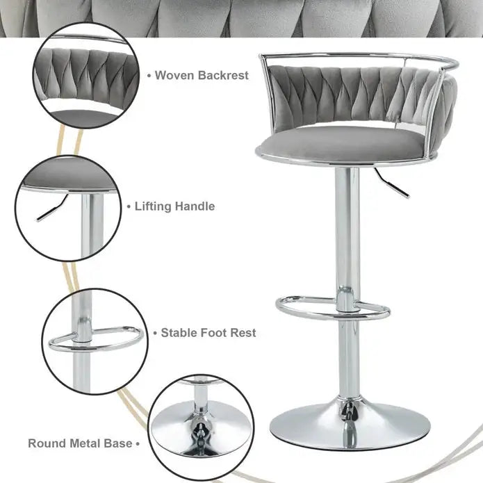 SERENITà Silver Swivel Upholstered Velvet Adjustable Height Counter Stool with Metal Frame Grey (Set of 2) - Furniture