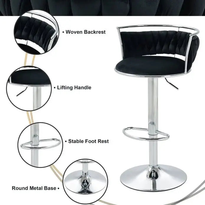 SERENITà Silver Swivel Upholstered Velvet Adjustable Height Counter Stool with Metal Frame Black (Set of 2) - Furniture