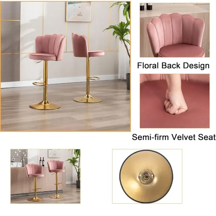 SERENITà Swivel Bar Stools Bar Height Set of 2 Adjustable Upholstered Counter Barstool Velvet Bar Chairs with Back/Gold