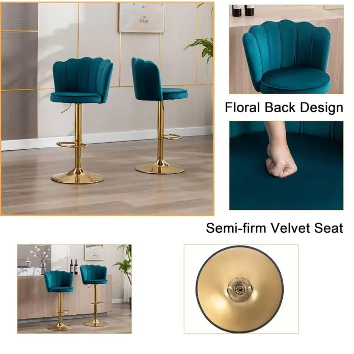 SERENITà Swivel Bar Stools Bar Height Set of 2 Adjustable Upholstered Counter Barstool Velvet Bar Chairs with Back/Gold
