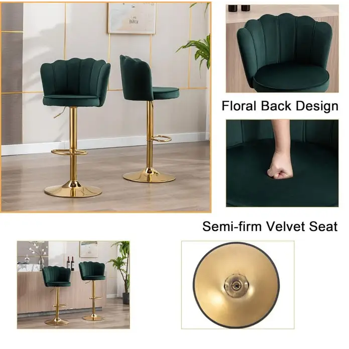 SERENITà Swivel Bar Stools Bar Height Set of 2 Adjustable Upholstered Counter Barstool Velvet Bar Chairs with Back/Gold