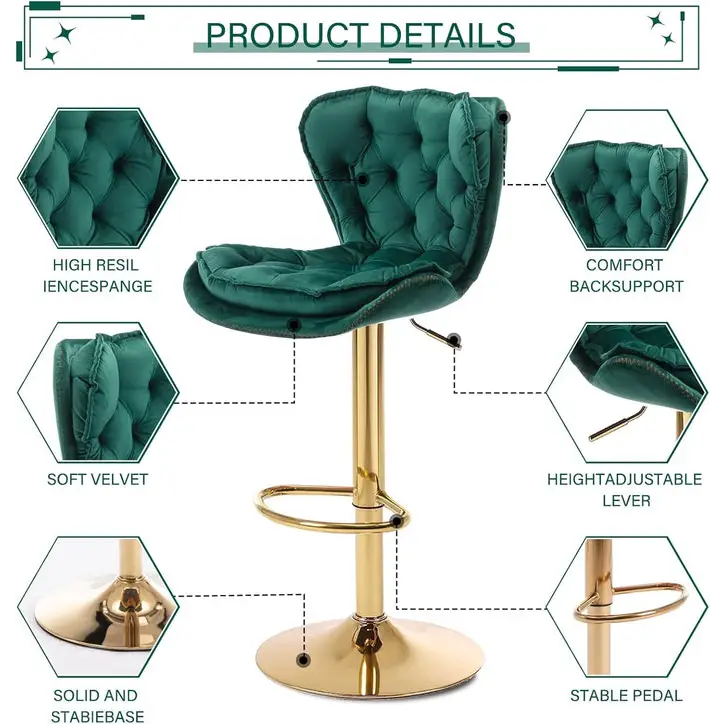 SERENITà Swivel Bar Stools Set of 2 Counter Height Barstools with Back Velvet Upholstered Adjustable Stool Chair Min