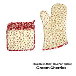 Set of 100% Cotton Printed Oven Mitt + Pot Holder Cream Cherries - Home & Garden > Kitchenware > Oven Mitts & Pot
