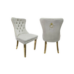 Set of 2 -Alsea Beige Velvet & Gold Polished Steel Dining Chairs Upholstered Tufted Stud Trim and Ring - Furniture >