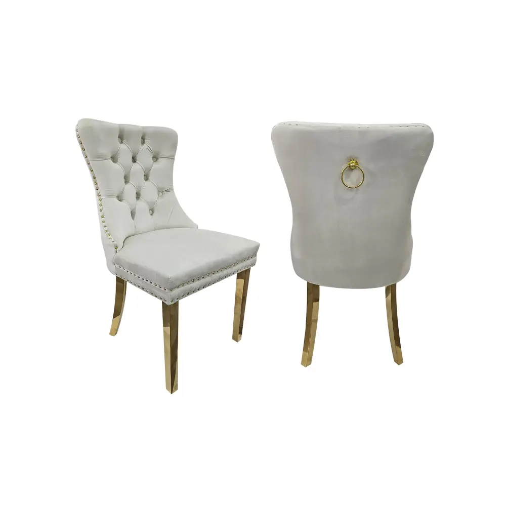Set of 2 -Alsea Beige Velvet & Gold Polished Steel Dining Chairs Upholstered Tufted Stud Trim and Ring - Furniture >