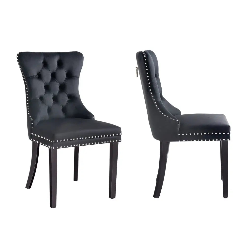Set of 2 - Alsea Black Velvet & Black Rubberwood Dining Chairs Upholstered Tufted Stud Trim and Ring - Furniture >