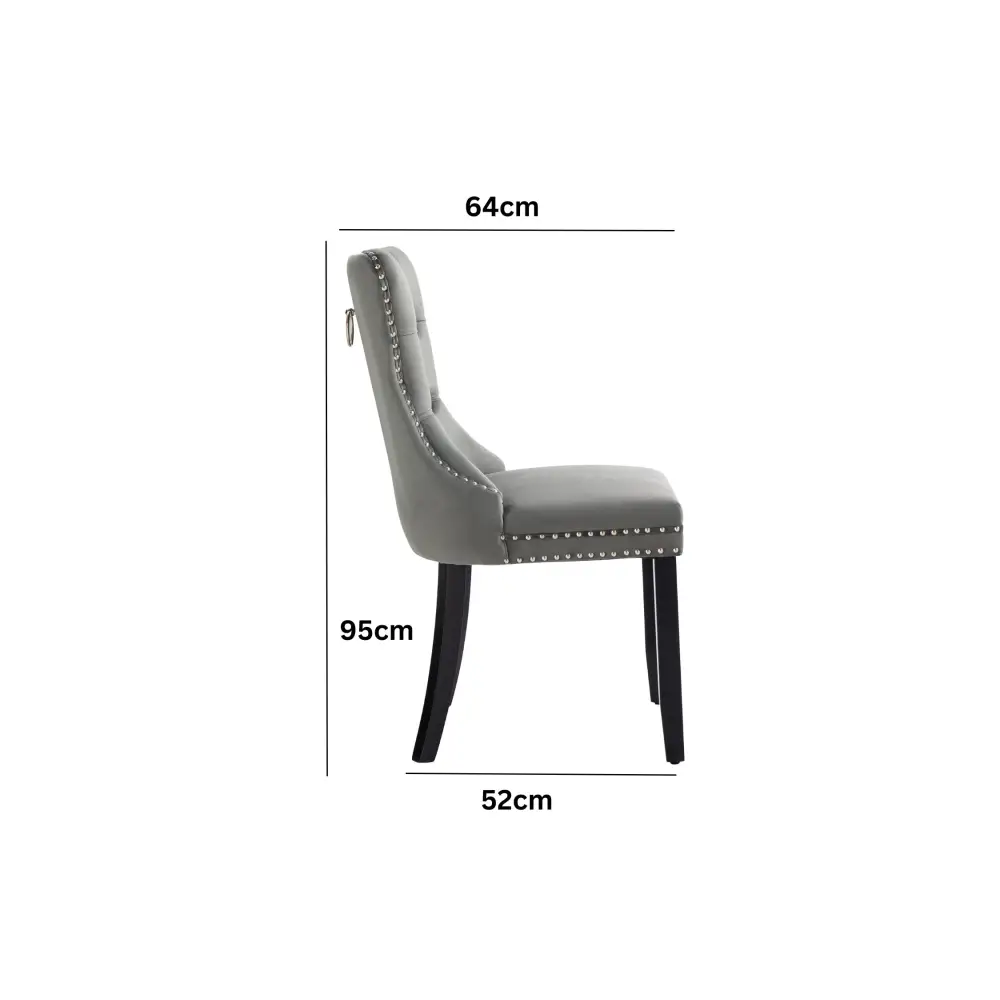 Set of 2 - Alsea Black Velvet & Black Rubberwood Dining Chairs Upholstered Tufted Stud Trim and Ring - Furniture >