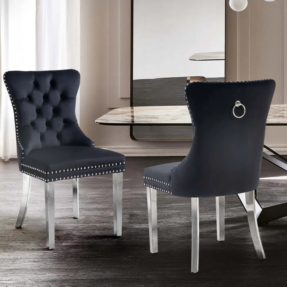 Set of 2 -Alsea Black Velvet & Silver Steel Dining Chairs Upholstered Tufted Stud Trim and Ring - Furniture > Dining