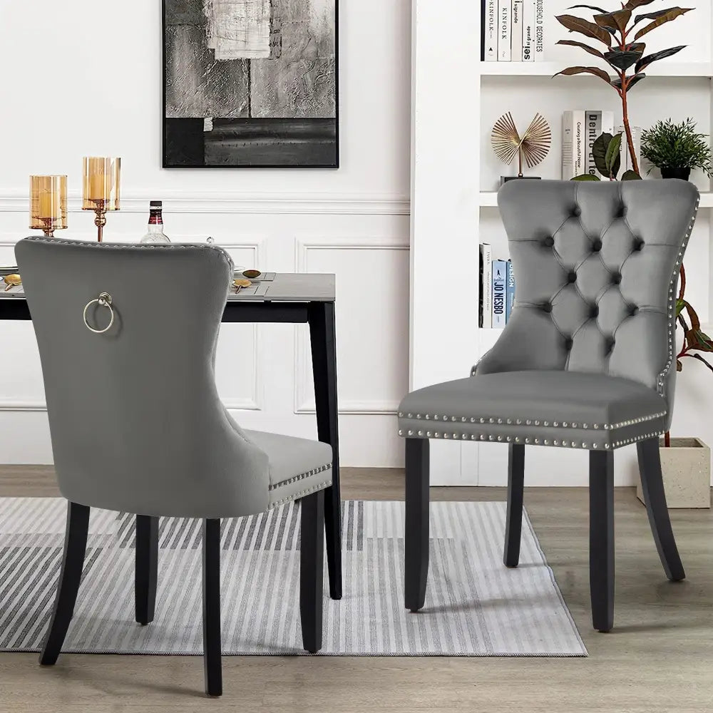 Set of 2 - Alsea Dark Grey Velvet & Black Rubberwood Dining Chairs Upholstered Tufted Stud Trim and Ring - Furniture >