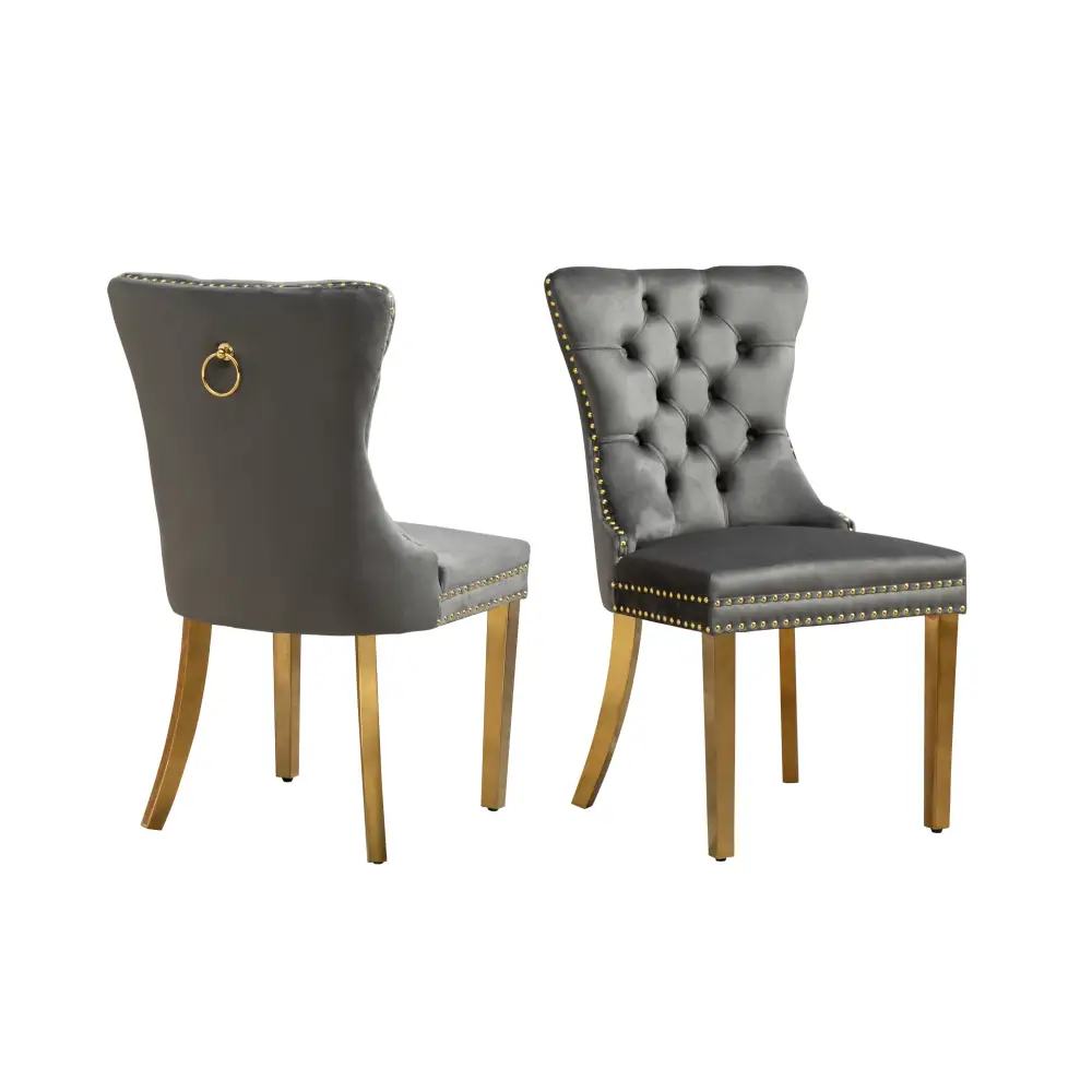 Set of 2 -Alsea Dark Grey Velvet & Gold Polished Steel Dining Chairs Upholstered Tufted Stud Trim and Ring - Furniture