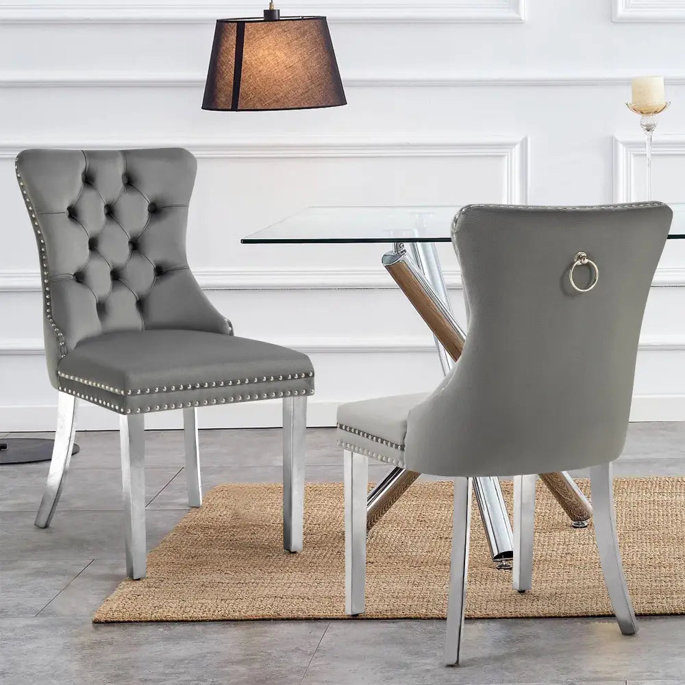 Set of 2 -Alsea Dark Grey Velvet & Silver Steel Dining Chairs Upholstered Tufted Stud Trim and Ring - Furniture > Dining