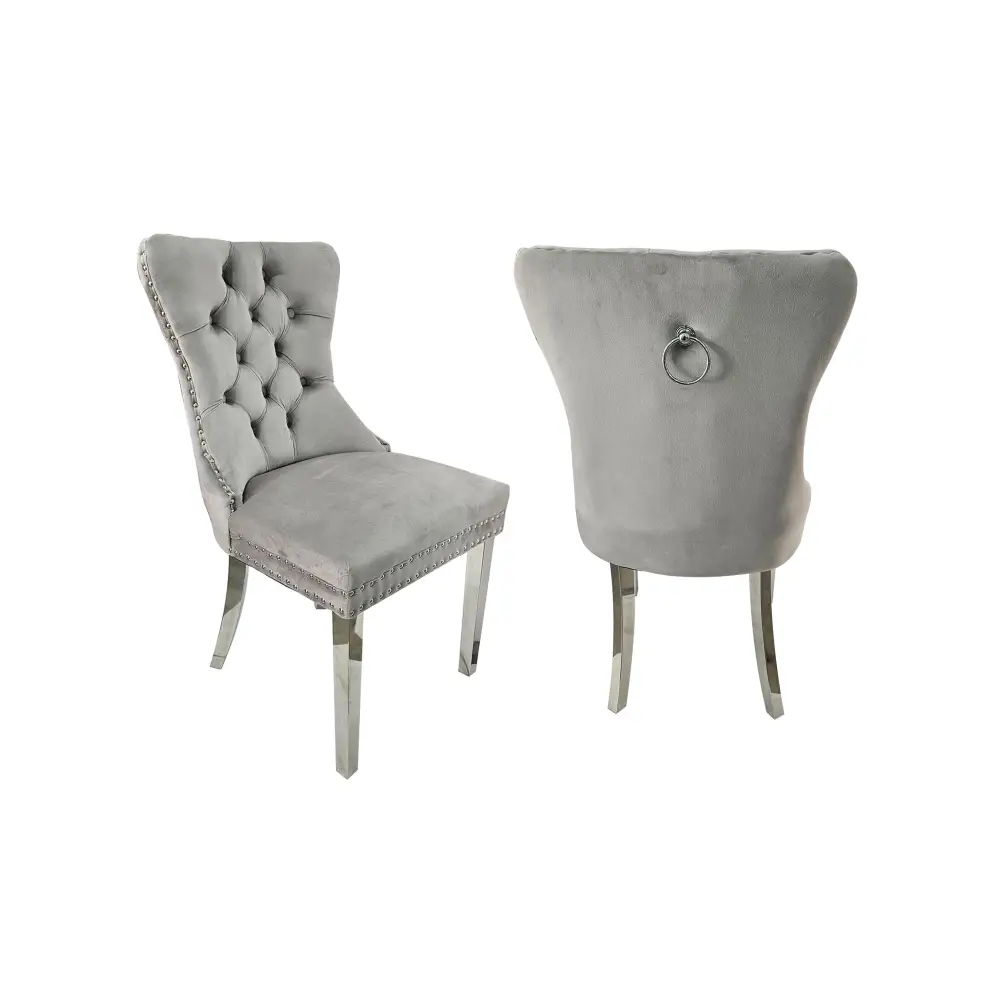 Set of 2 -Alsea Light Grey Velvet & Silver Polished Steel Dining Chairs Upholstered Tufted Stud Trim and Ring