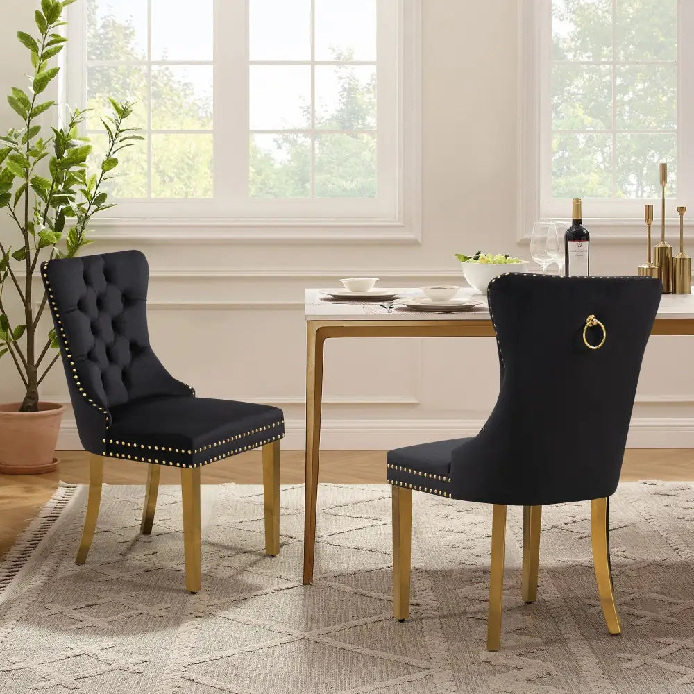 Set of 2 -Alsea Velvet & Polished Steel Dining Chairs Upholstered Tufted Stud Trim and Ring - 2 Colours - Furniture >