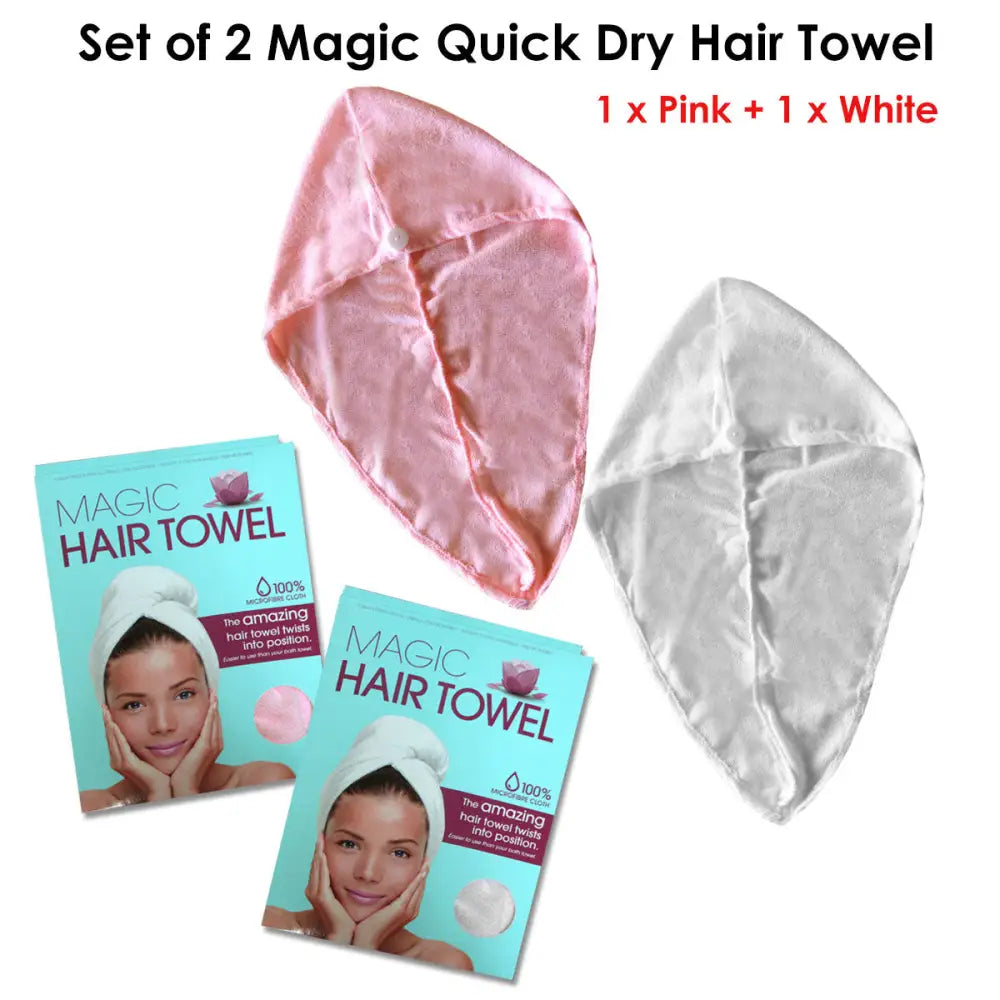 Set of 2 Magic Quick Dry Microfibre Hair Dryer Towels Pink + White - Home & Garden > Bathroom Accessories