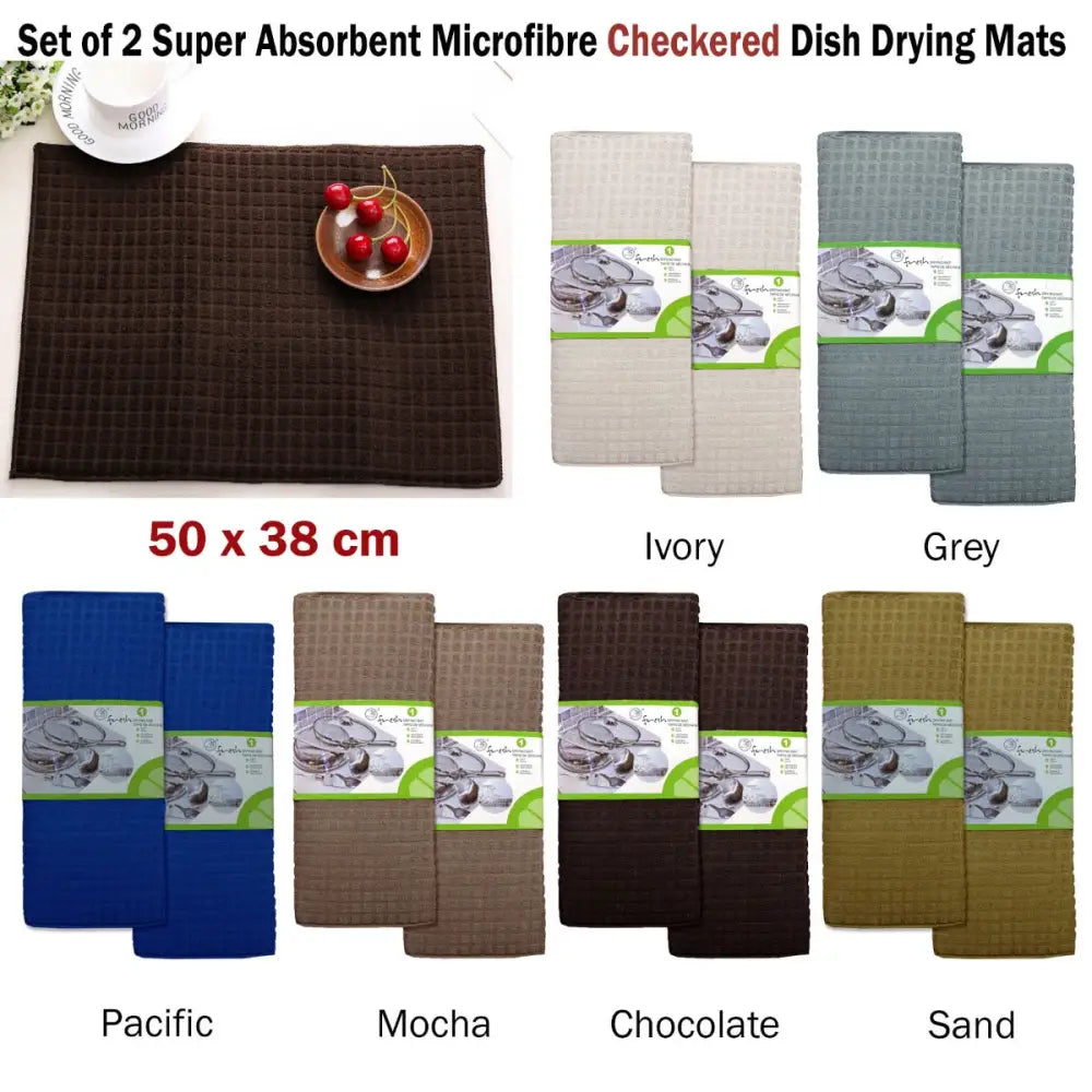 Set of 2 Microfibre Checkered Dish Drying Mats Mocha - Home & Garden > Kitchenware