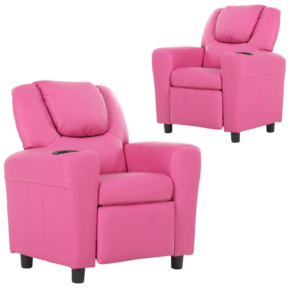 Set of 2 Oliver Kids Recliner Chair Sofa Children Lounge Couch PU Armchair Pink - Furniture > Sofas