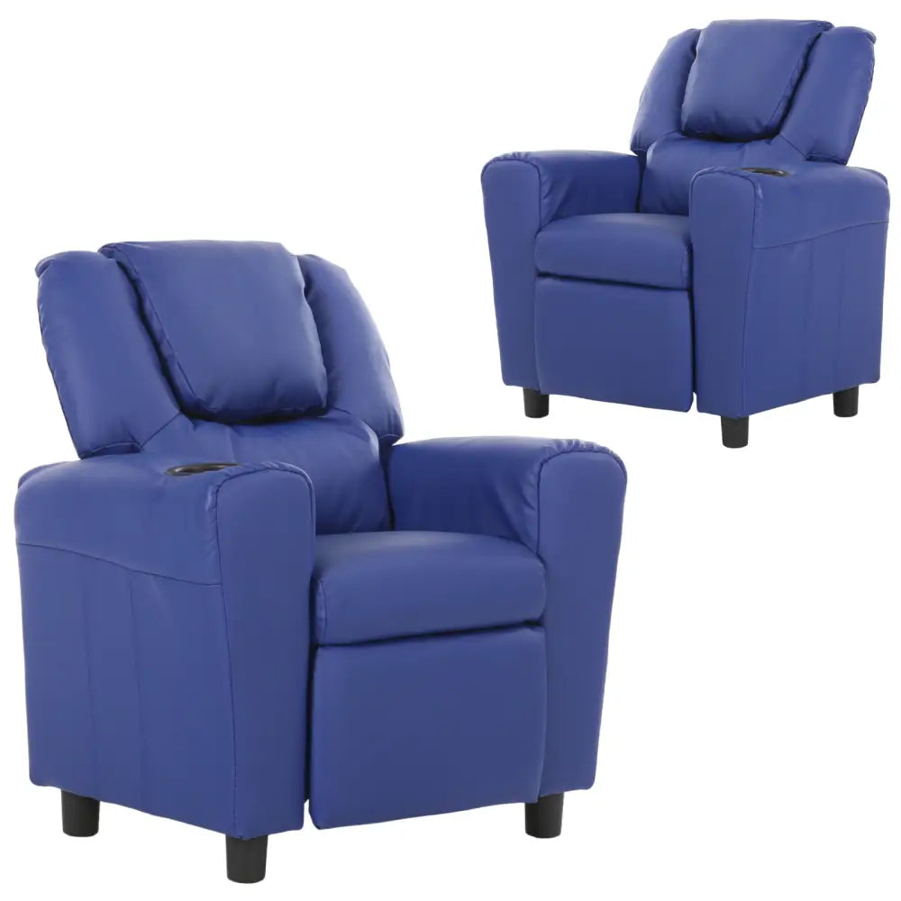 Set of 2 Oliver Kids Recliner Chair Sofa Children Lounge Couch PU Armchair Blue - Furniture > Sofas
